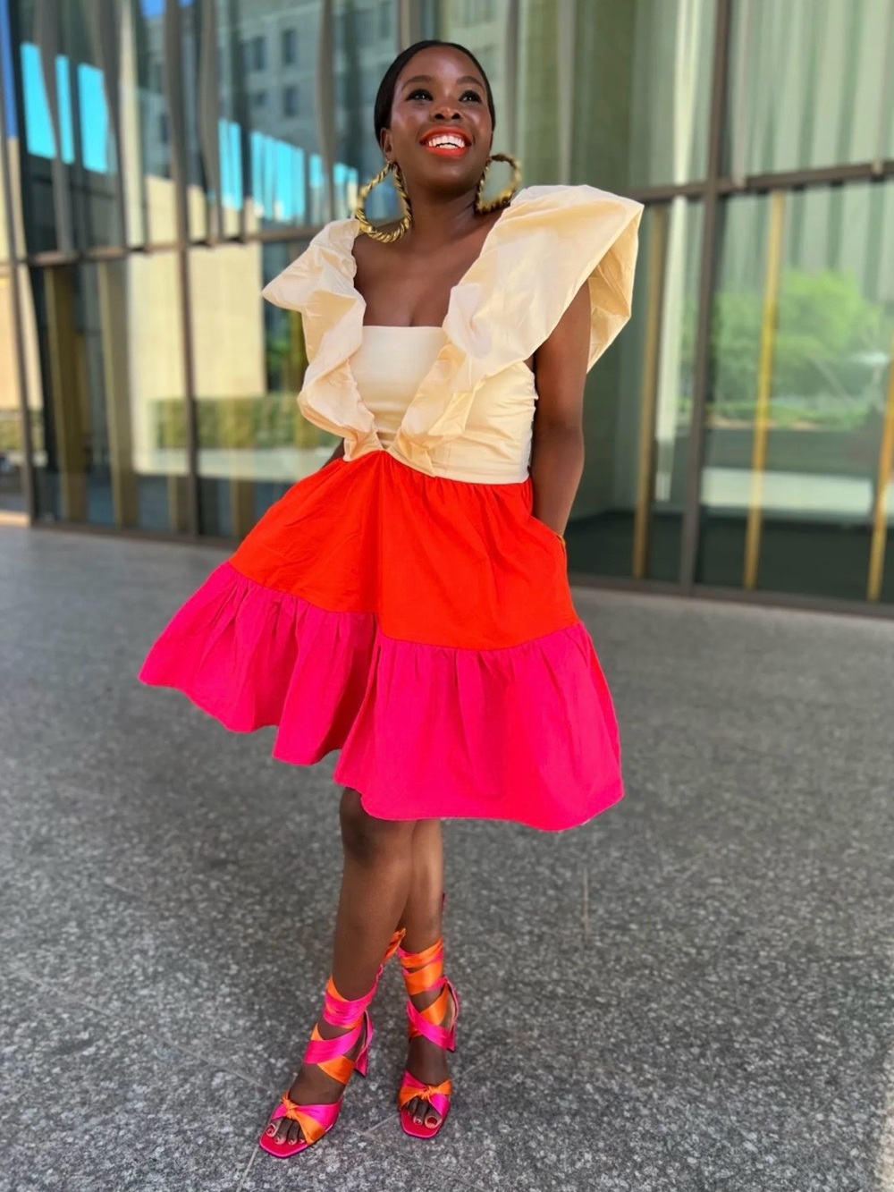 New York & Company Cream Ruffle Bodice with Pink and Red Colorblock Skirt